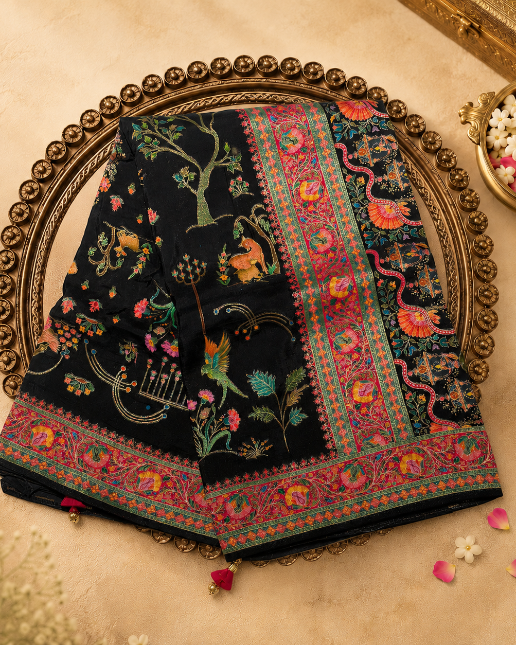 Black Semi Pashmina Silk Saree with Animal-Bird Pallu & Multicolour Border