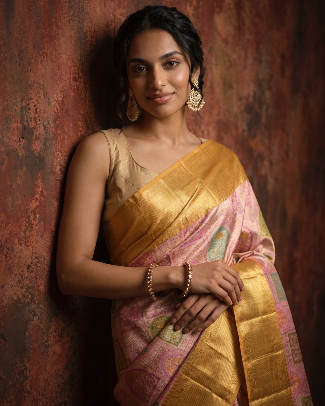 Onion Pink Pure Kanjeevaram Tissue Brocade Saree with Yellow Zari Border - detail
