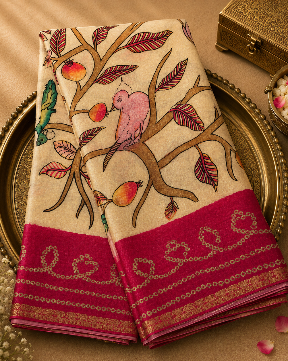 Beige Crepe Georgette Saree with Digital Floral Print & Pink Border