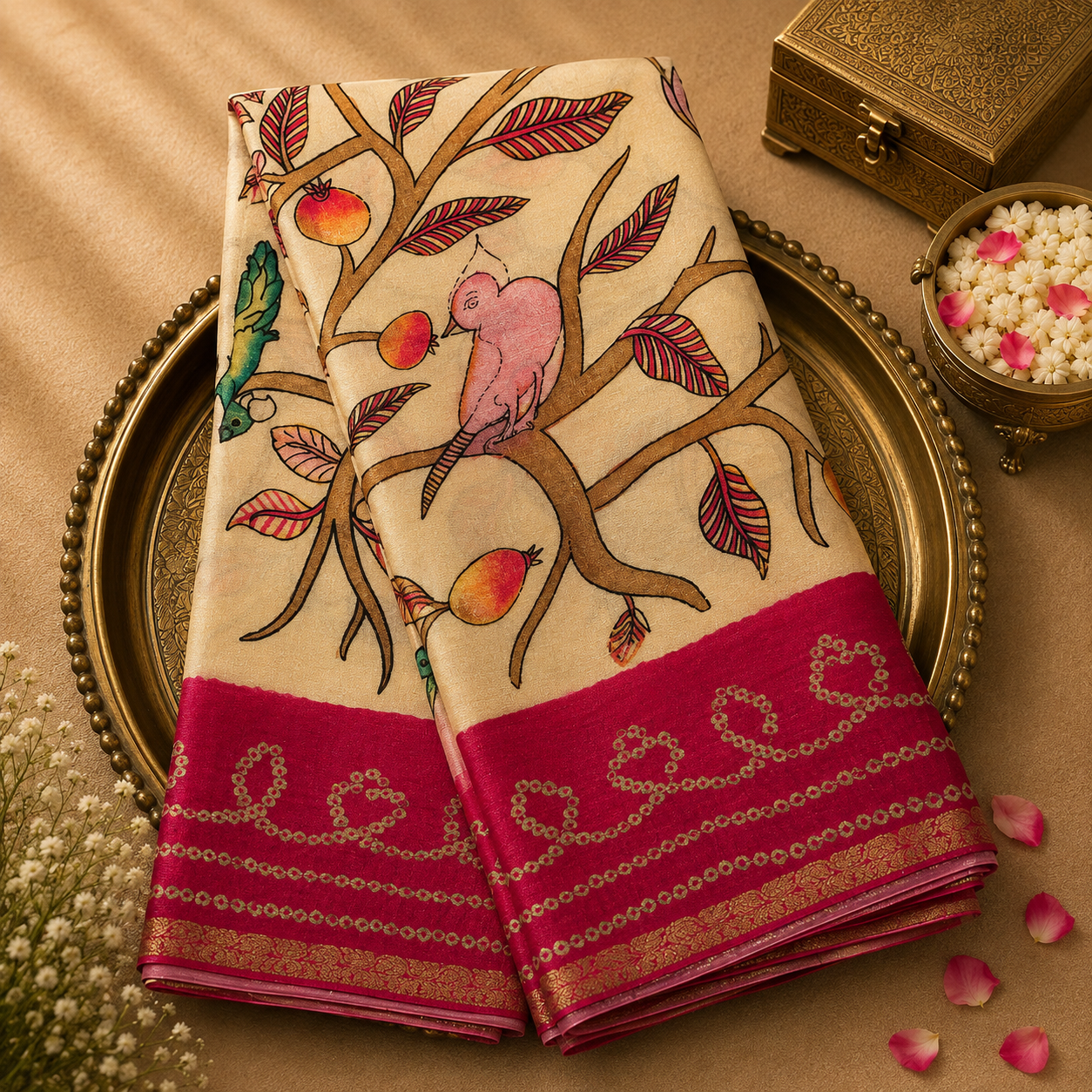 Beige Crepe Georgette Saree with Digital Floral Print & Pink Border