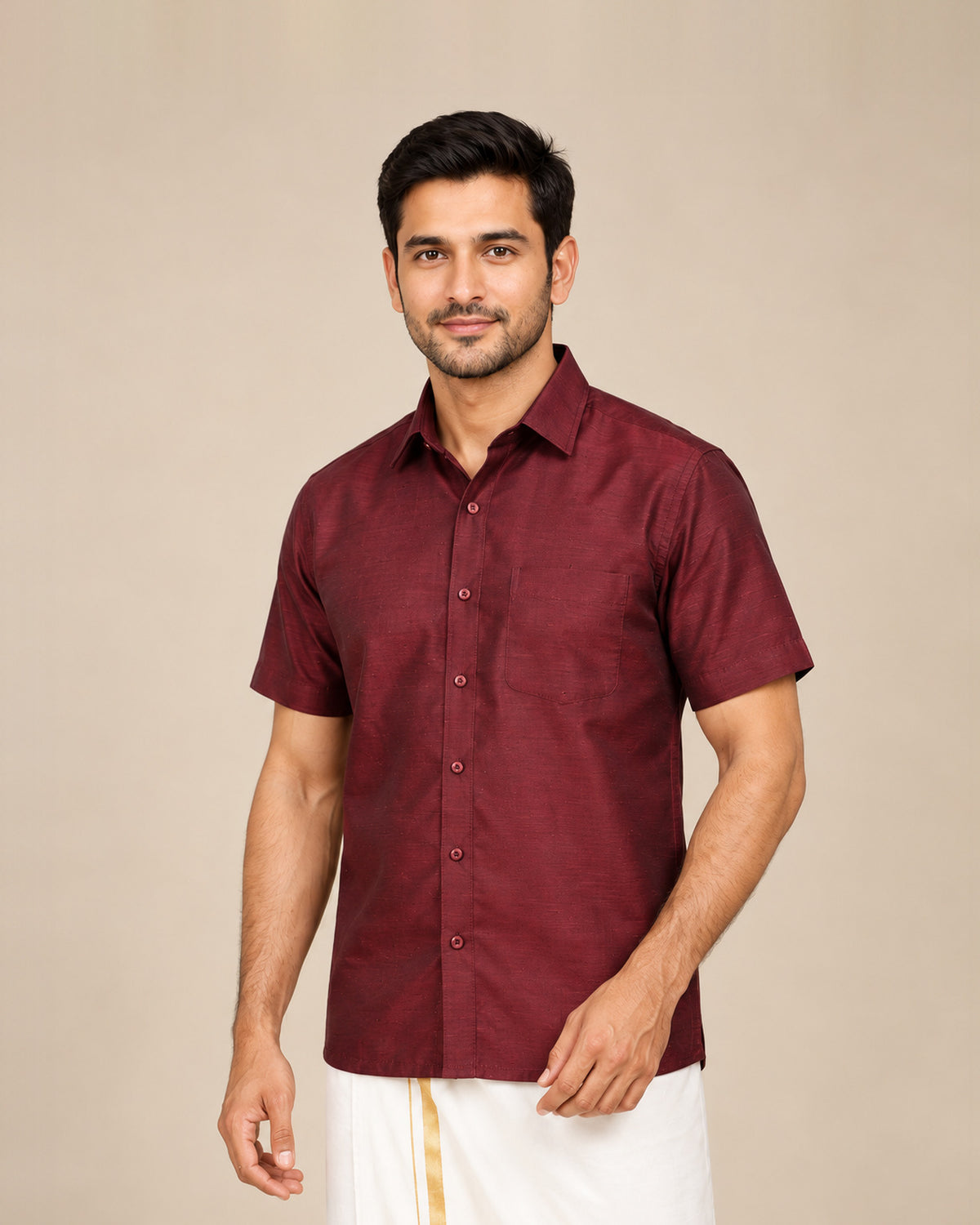 Maroon Red Plain Raw Silk Shirt
