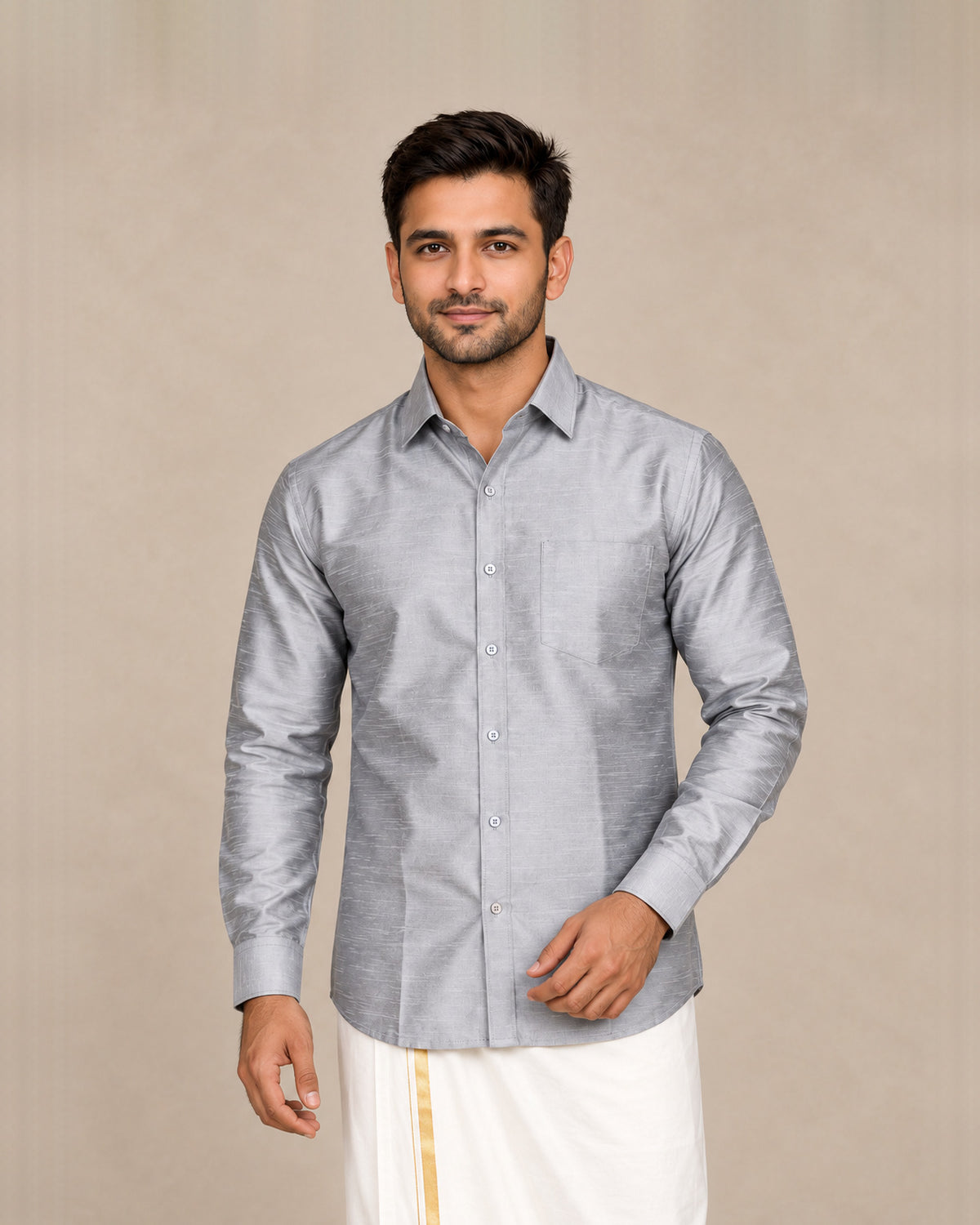 Light Grey Plain Raw Silk Shirt