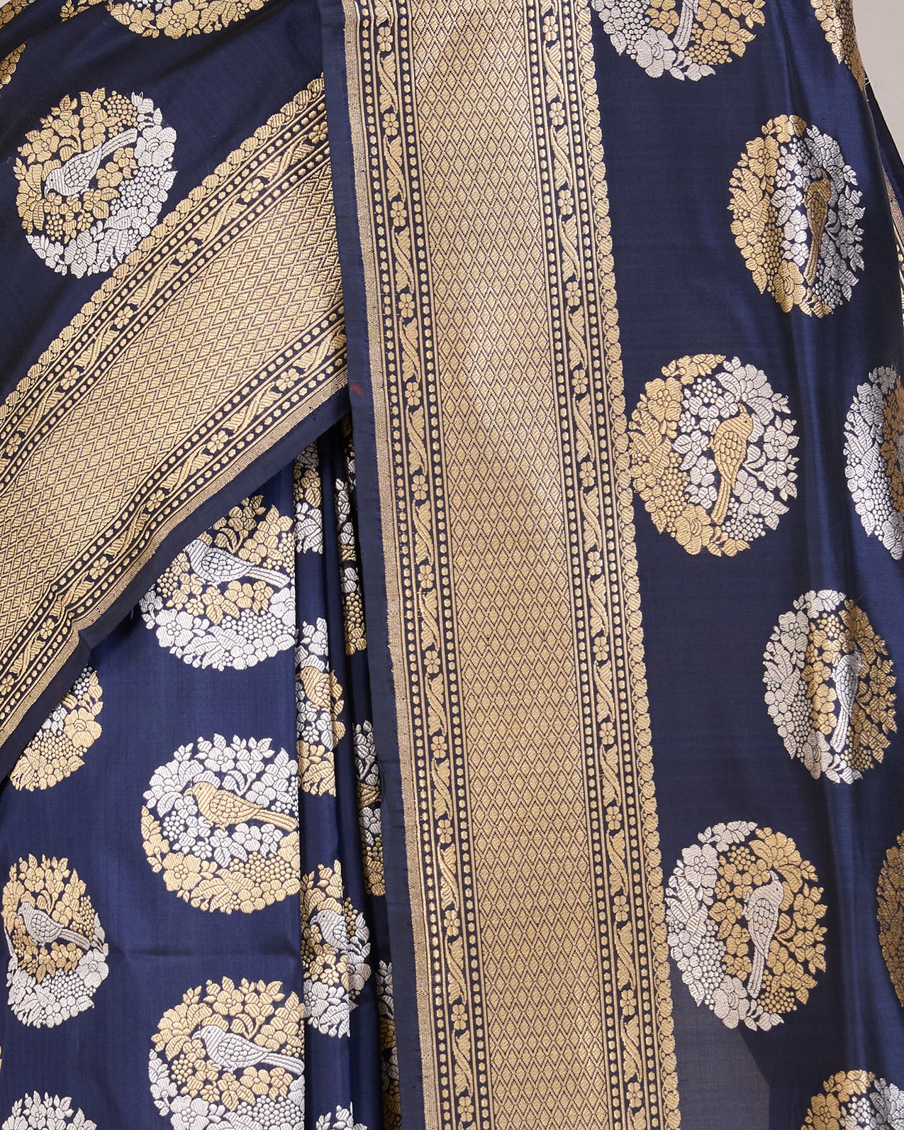 Dark Navy Blue Pure Banarasi Silk Saree with Zari Motifs & Gold Border - detail