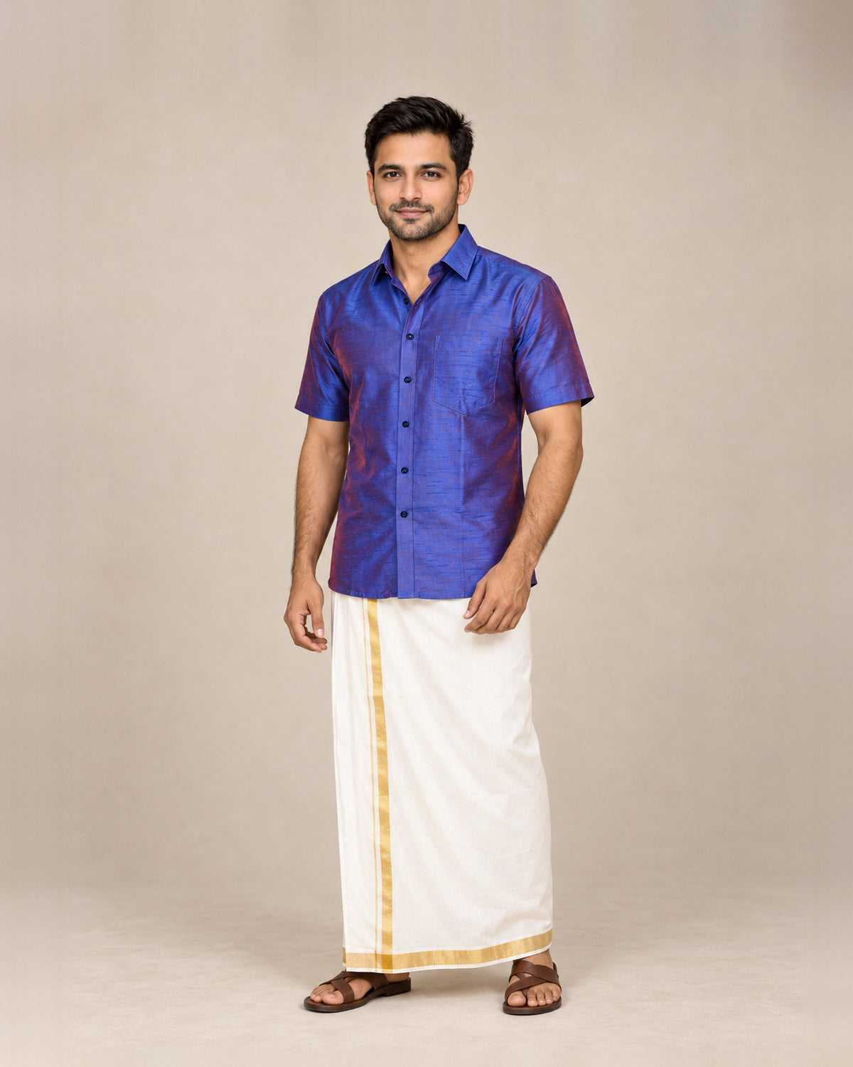 Purple and Dark Blue Dual-Tone Plain Raw Silk Shirt