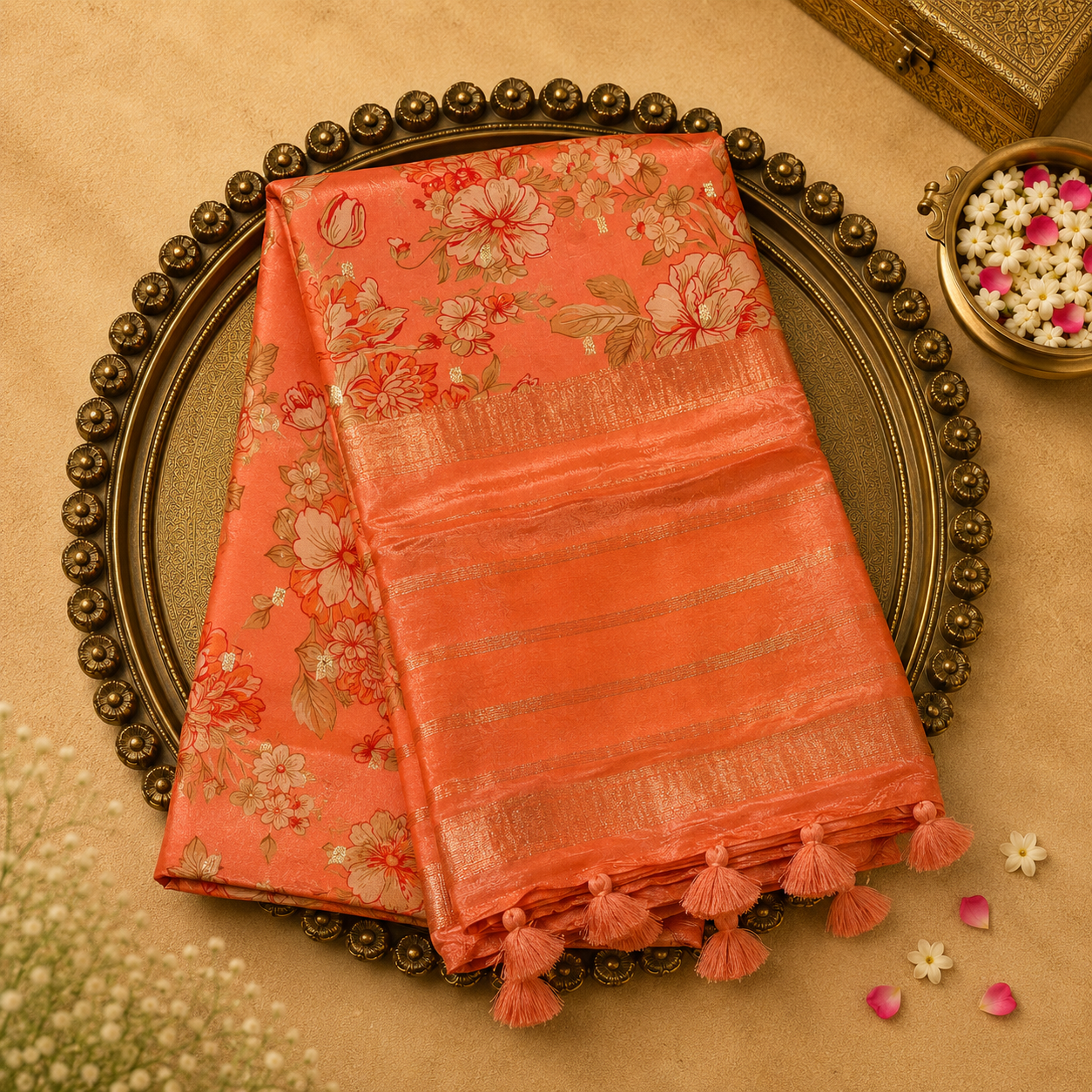 Peach Semi Crepe Silk Saree with Floral Print