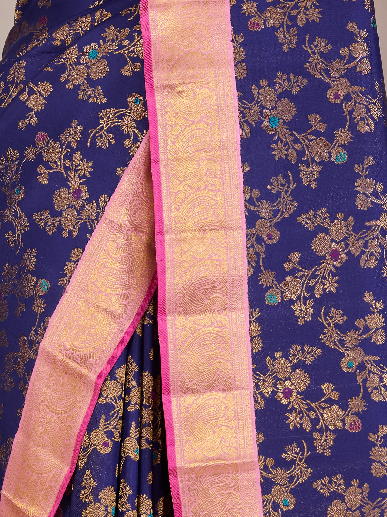 Dark Blue Pure Kanjeevaram Silk Saree with Gold Brocade & Light Pink Border - detail