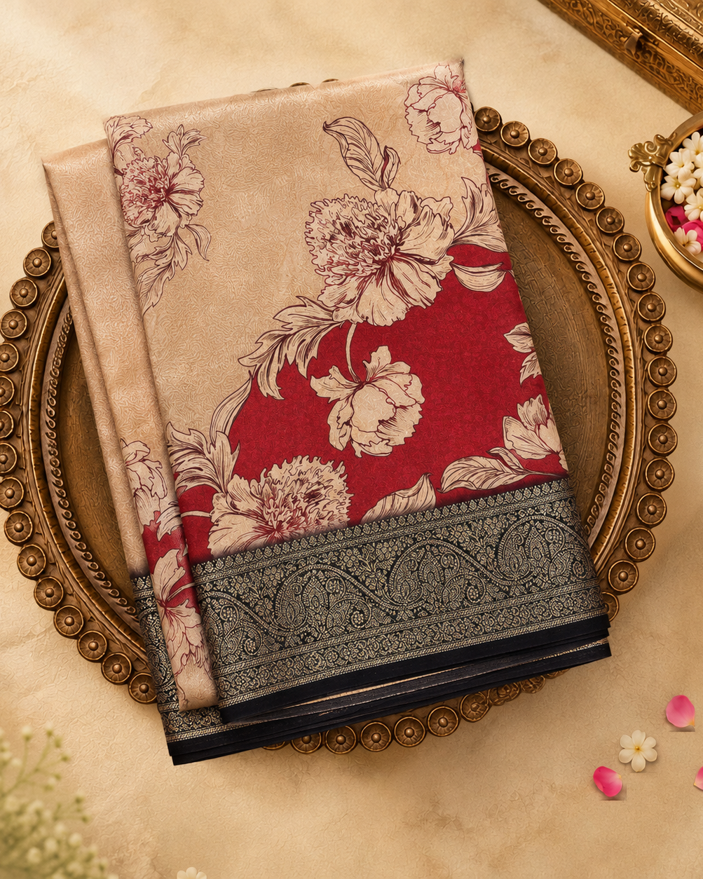 Red Semi Crepe Silk Saree with Floral Print & Grey Border