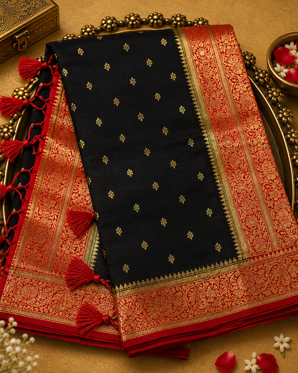 Black Semi Banarasi Silk Saree with Gold Zari Buttas & Red Floral Border