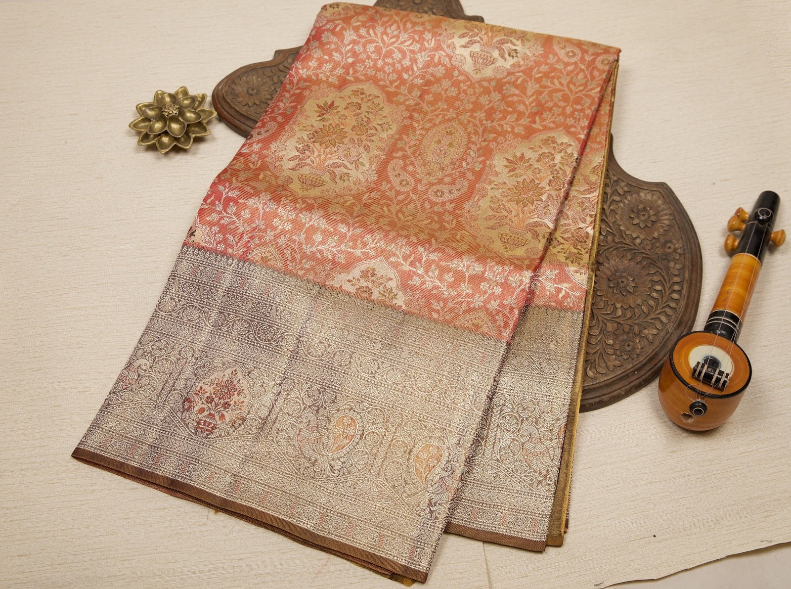 Light Green Kanjeevaram Tissue Silk Saree with Floral Zari Weave & Pink-Gold Broad Border