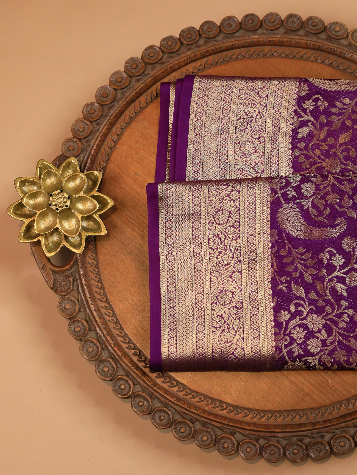 Purple Pure Mysore Silk Saree with Floral Zari Brocade & Border