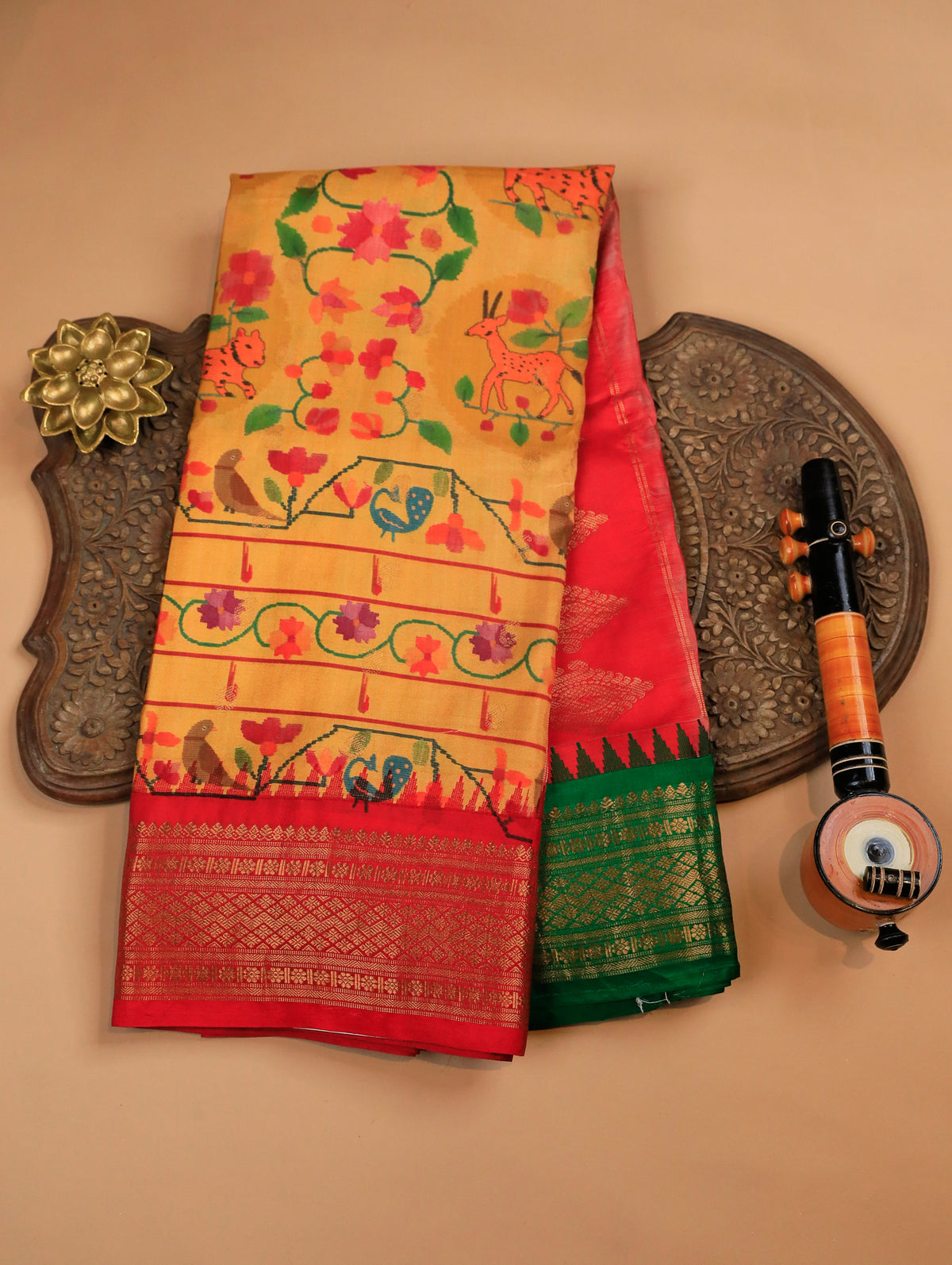 Yellow Pure Mangalgiri Soft Silk Saree with Paithani Weave & Ganga-Jamuna Border