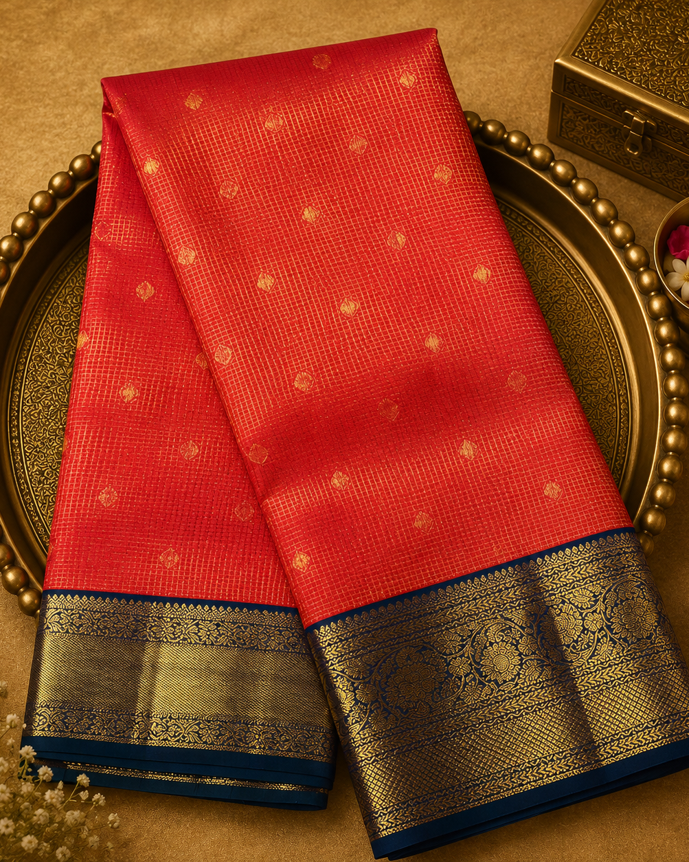 Orange Kanjeevaram Silk Saree with Zari Checks-Motifs & Blue Floral Border