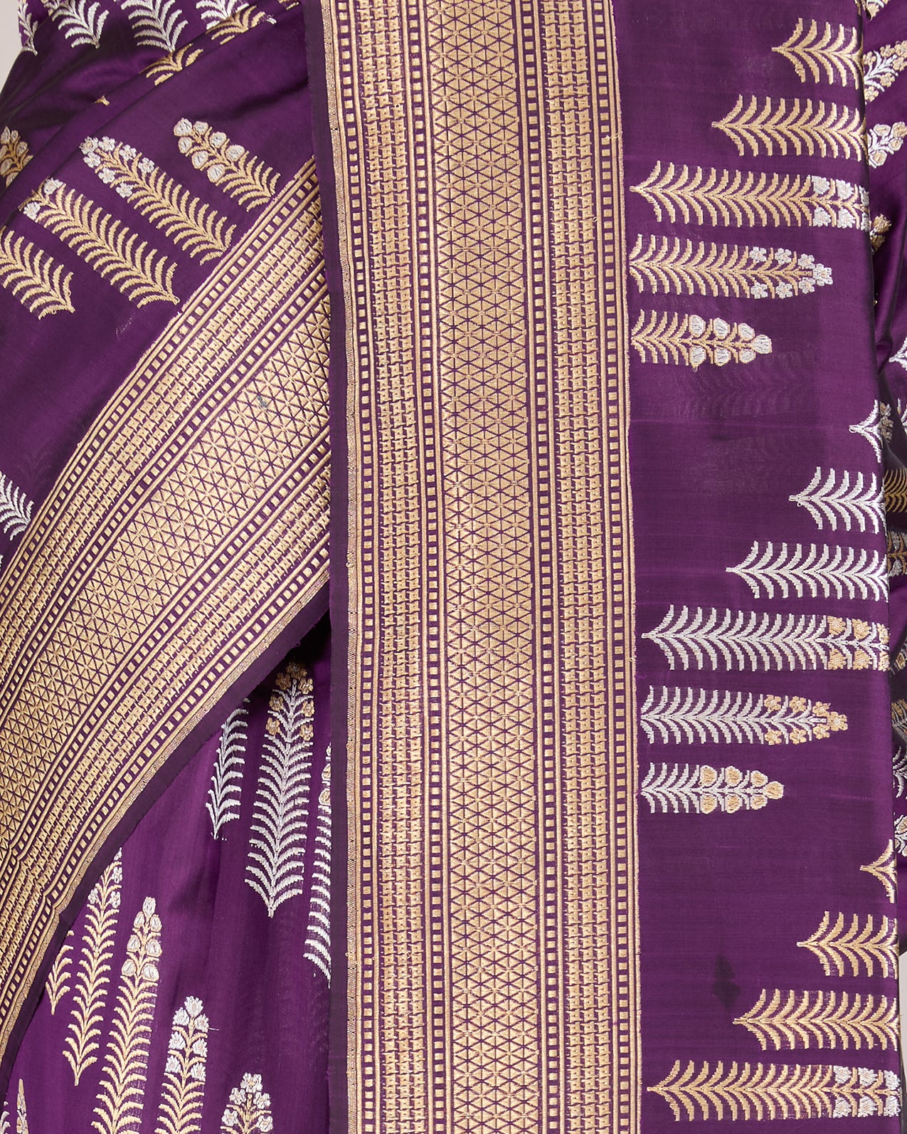 Purple Pure Banarasi Silk Saree with Gold & Silver Diagonal Motifs - detail