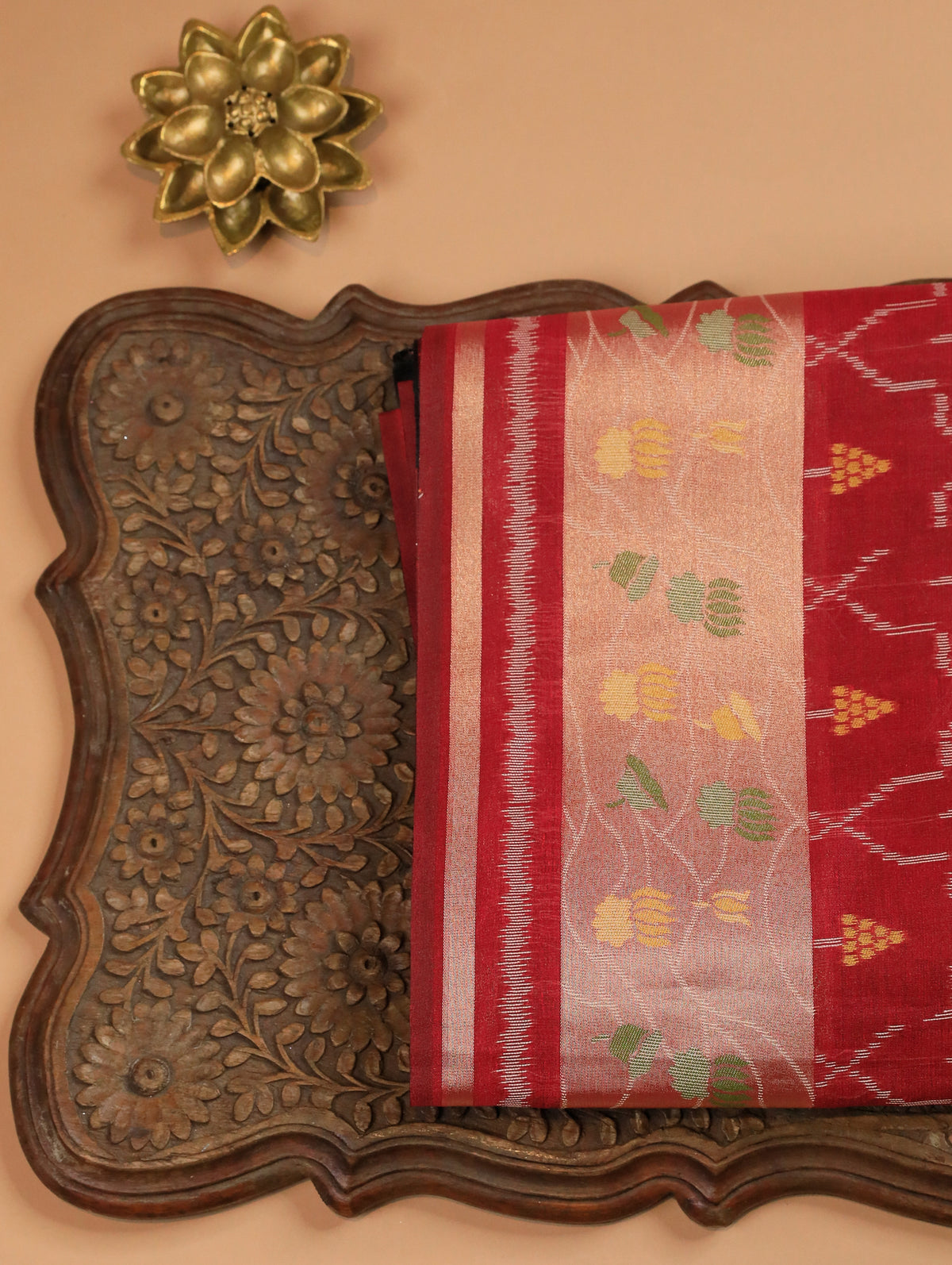Brick Red Semi Raw Silk Saree with Ikat Weave & Floral Zari Border