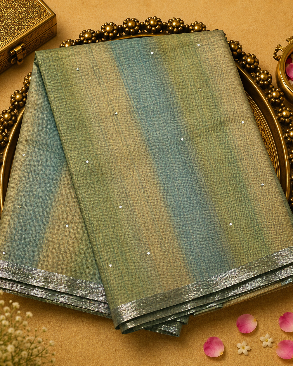 Multi Green Colour Kotta Cotton Saree with Mirror Work & Silver Zari Border
