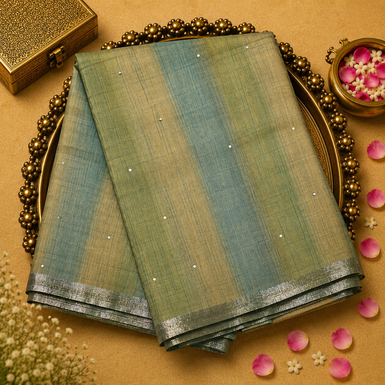 Multi Green Colour Kotta Cotton Saree with Mirror Work & Silver Zari Border