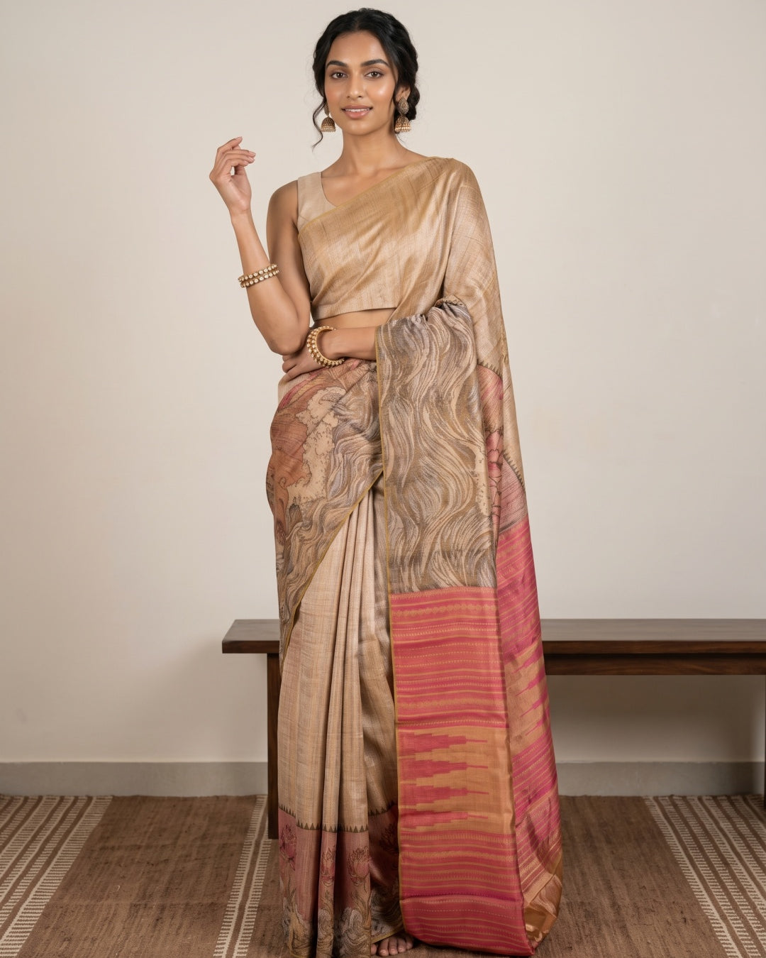 Pink & Gold Pure Kanjeevaram Designer Silk Saree with Floral Motifs - detail