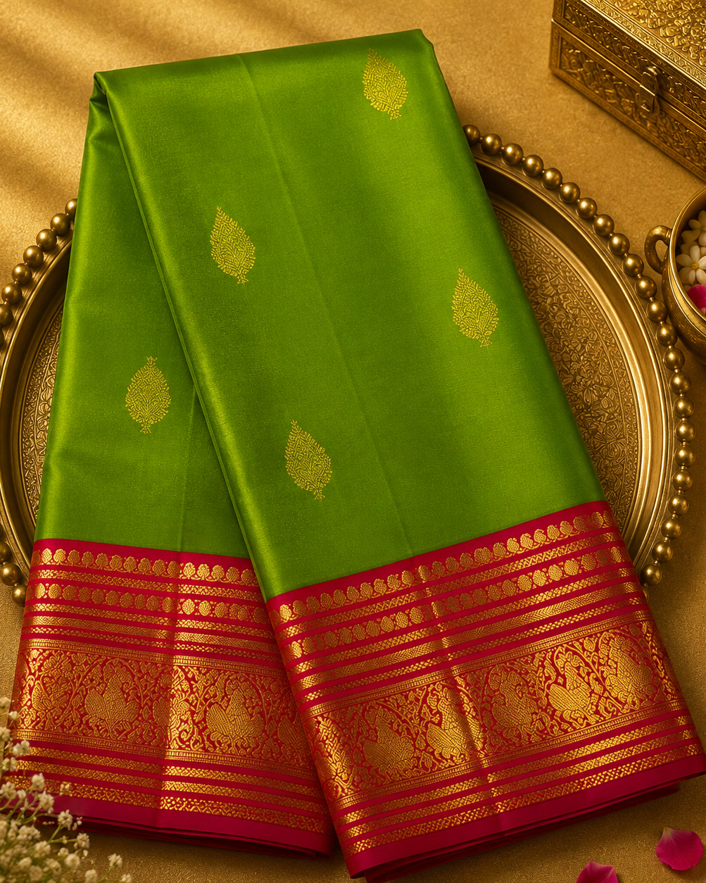 Parrot Green Kanjeevaram Silk Saree with Gold Zari Motifs & Pink-Gold Border