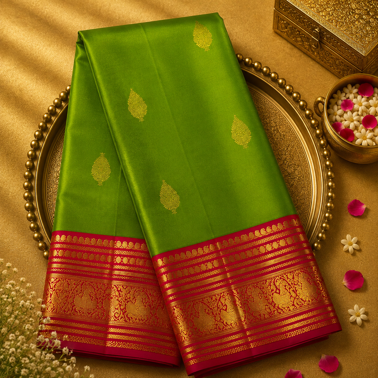 Parrot Green Kanjeevaram Silk Saree with Gold Zari Motifs & Pink-Gold Border