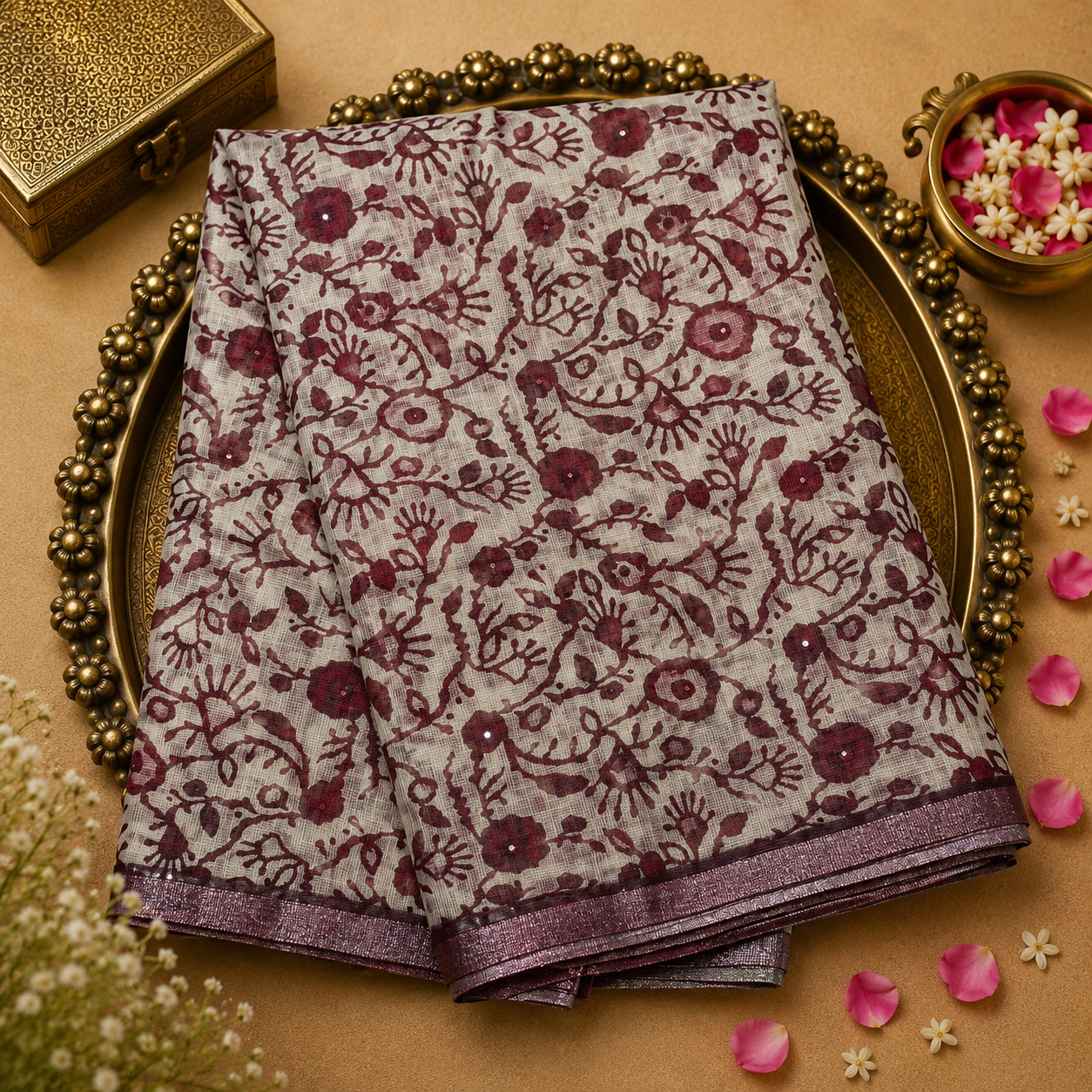 Beige Kotta Cotton Silk Saree with Mirror Work & Colour Design