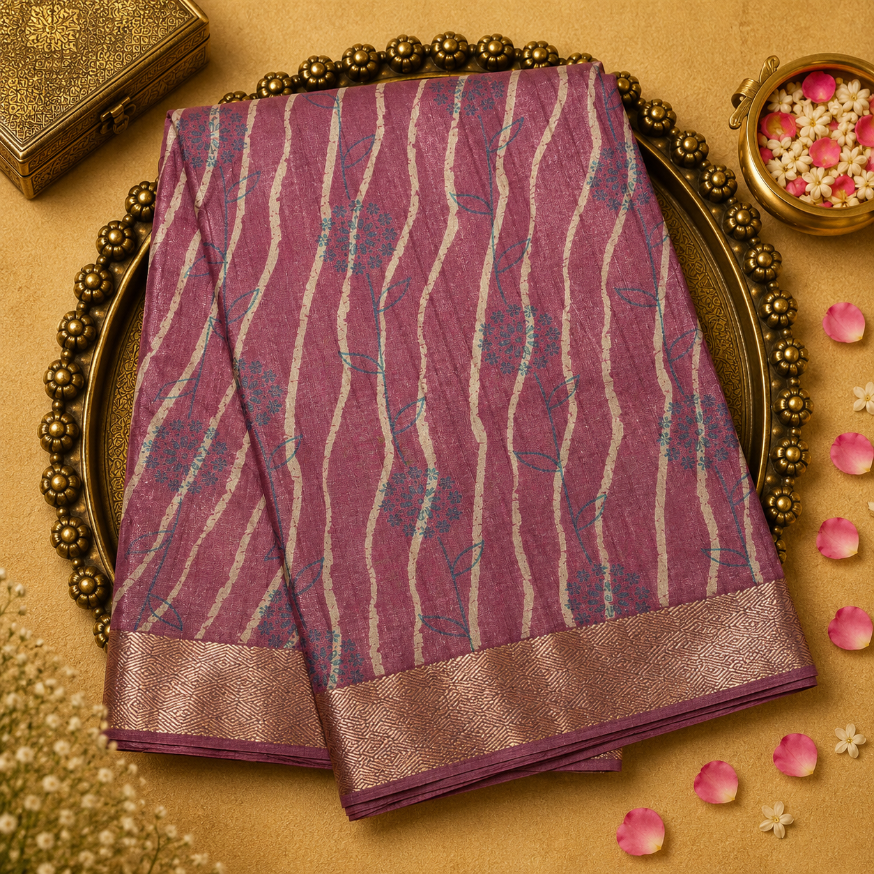 Light Pink Semi Silk Saree with Cream Stripe Print