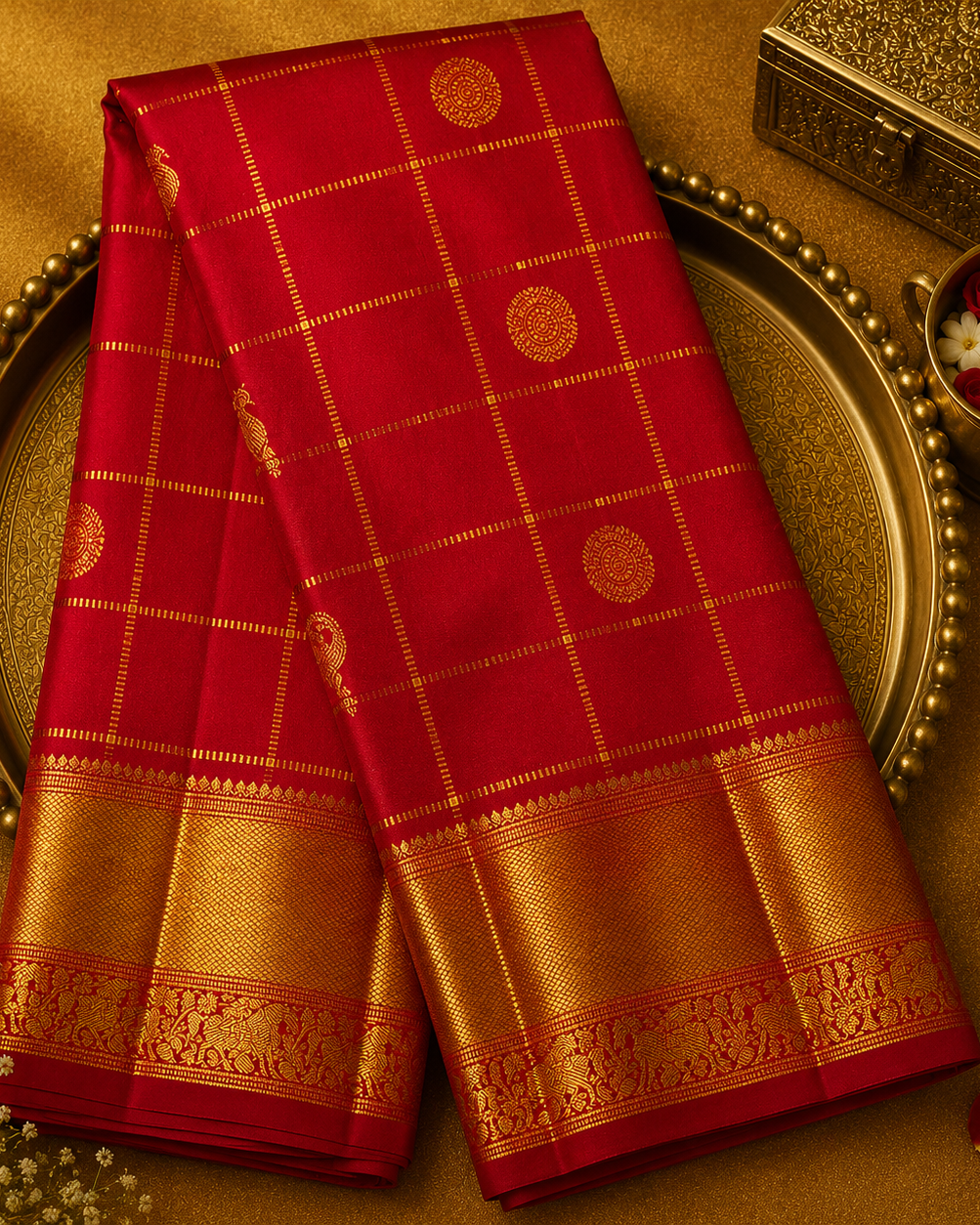 Bright Red Kanjeevaram Silk Saree with Zari Checks-Motifs