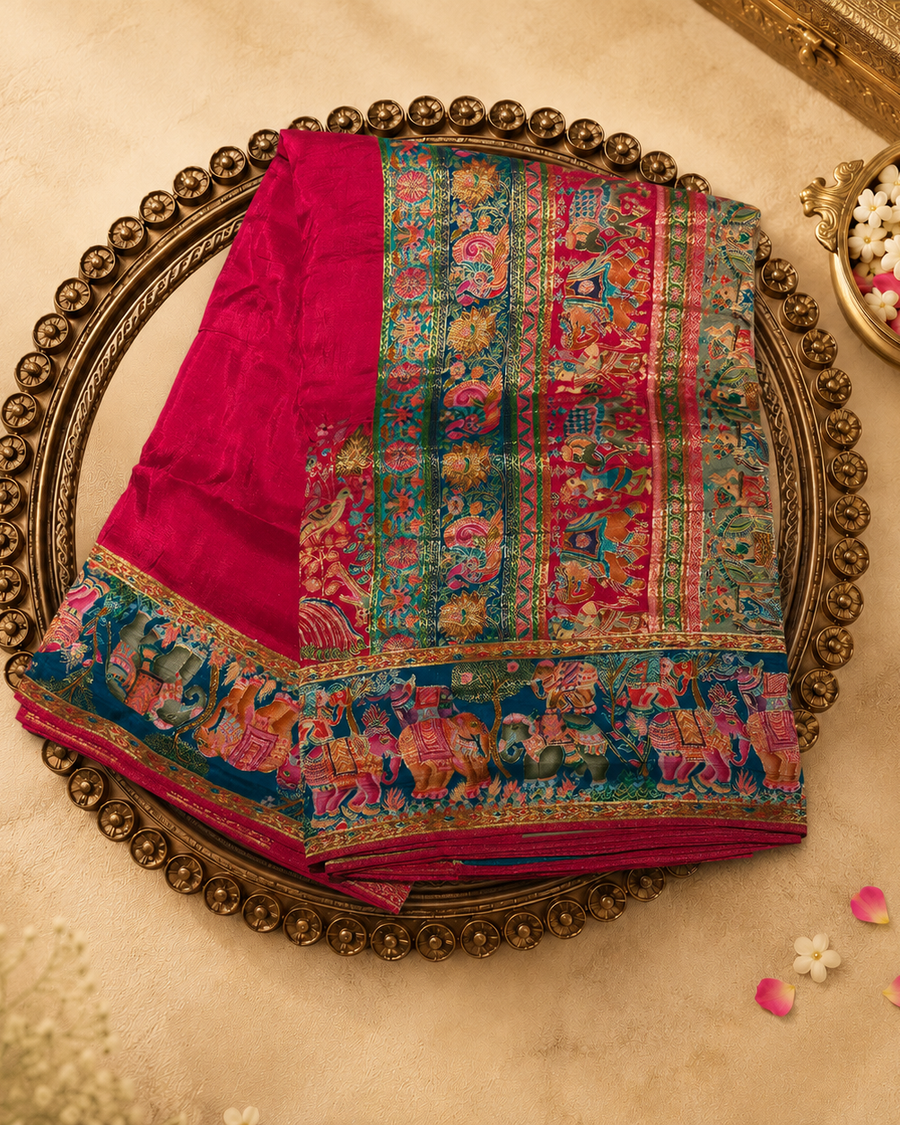 Red Semi Pashmina Silk Saree with Meenakari Elephant Border