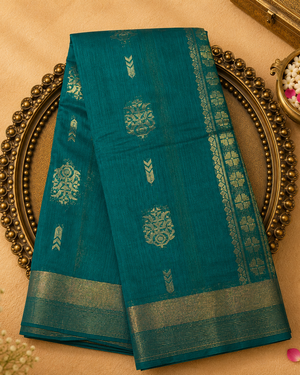 Dark Green Pure Silk Cotton Saree with Gold Zari Motifs