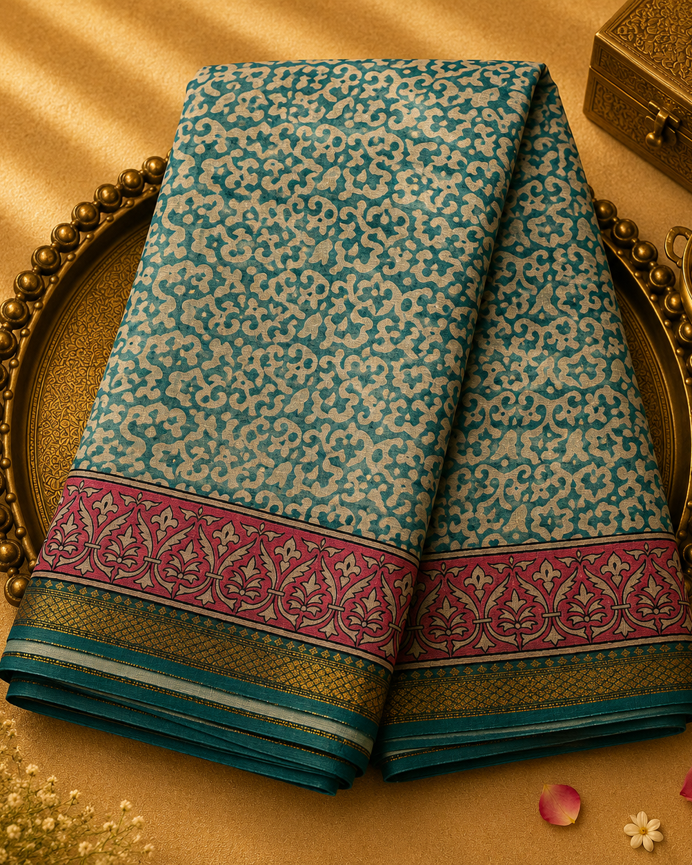 Sea Green Chanderi Silk Saree with Pink Print & Zari Border