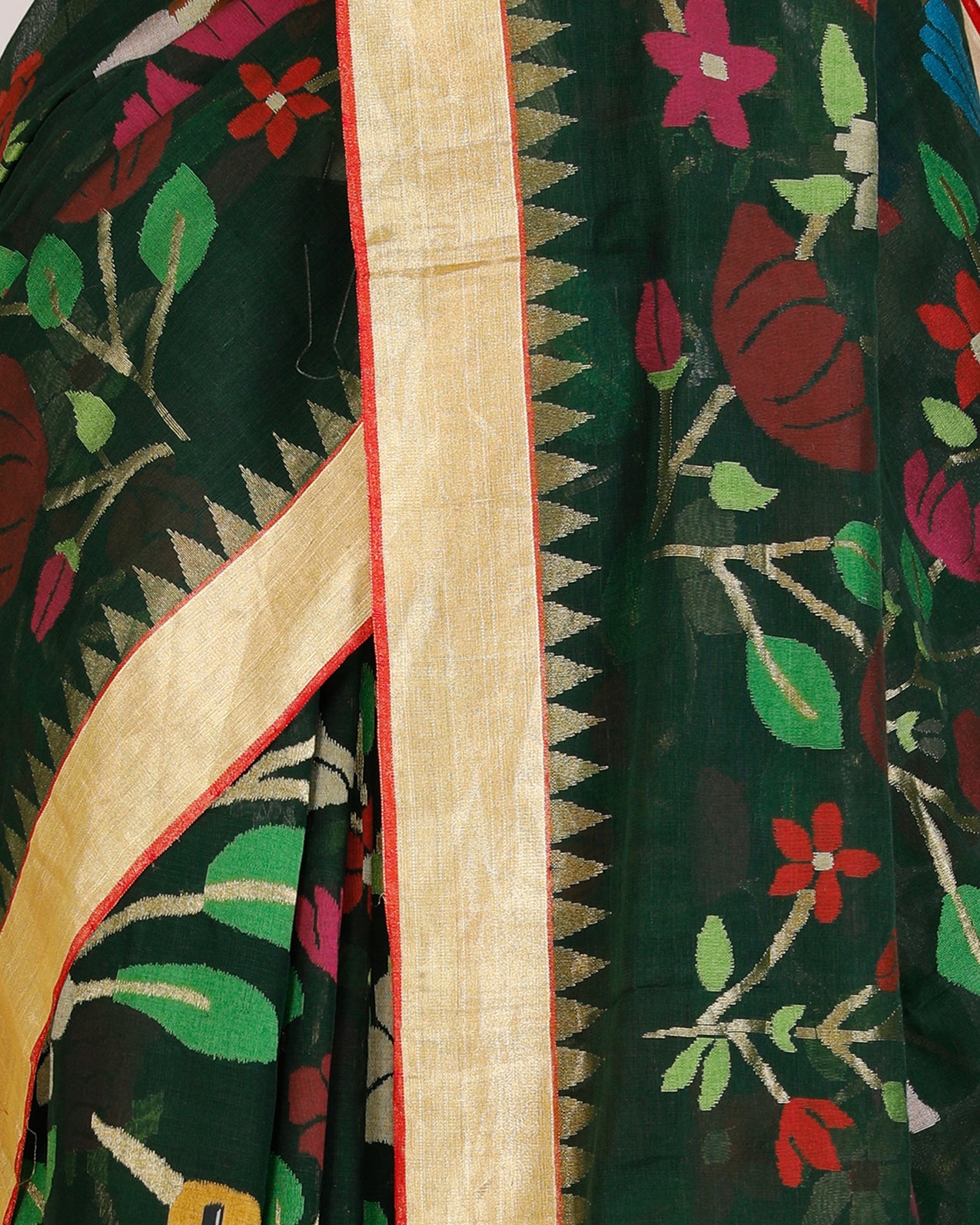 Bottle Green Pure Khaddi Saree with Meenakari Jamdani & Gold Border - detail