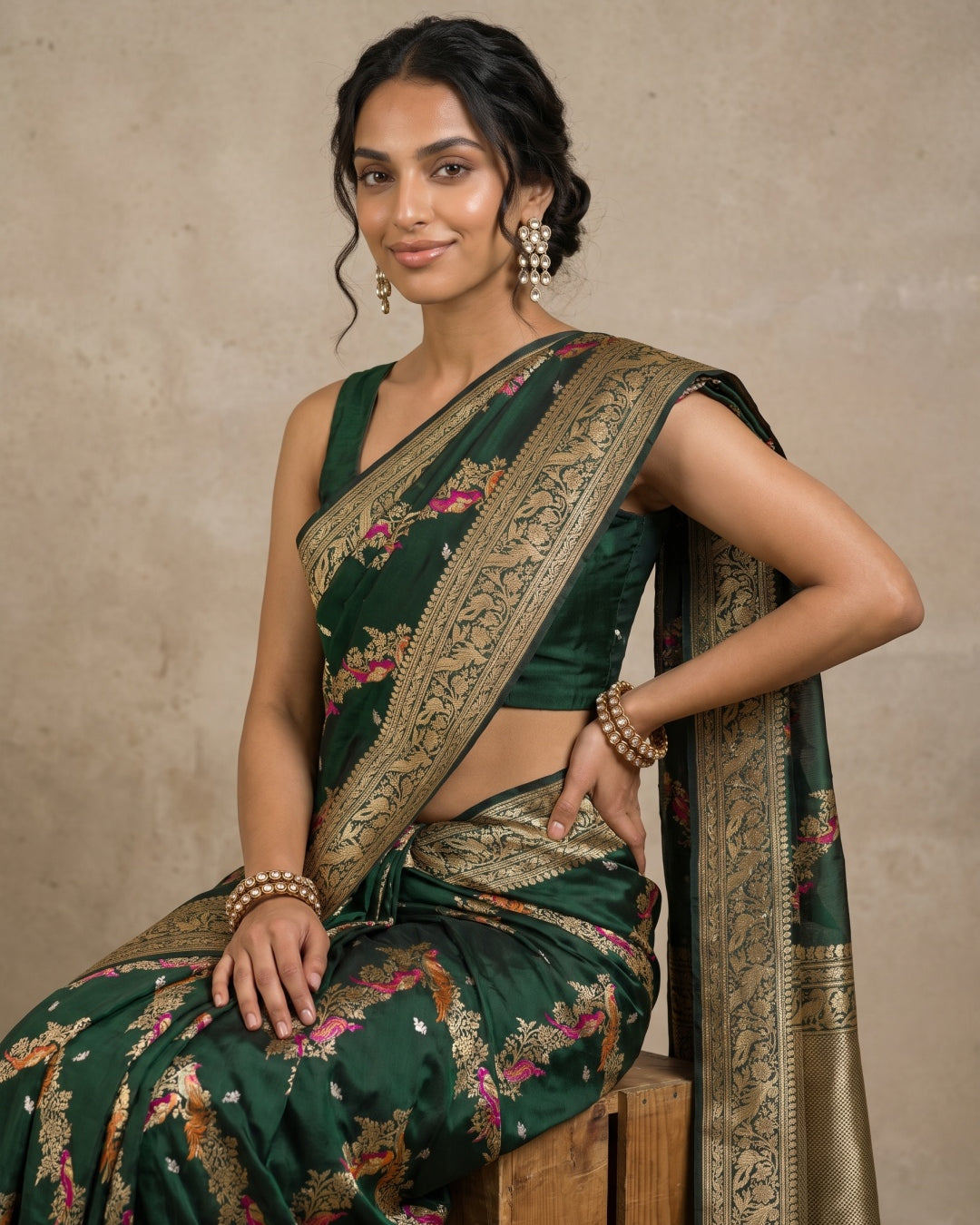 Bottle Green Pure Banarasi Silk Saree with Meenakari Birds & Peacock Border - detail
