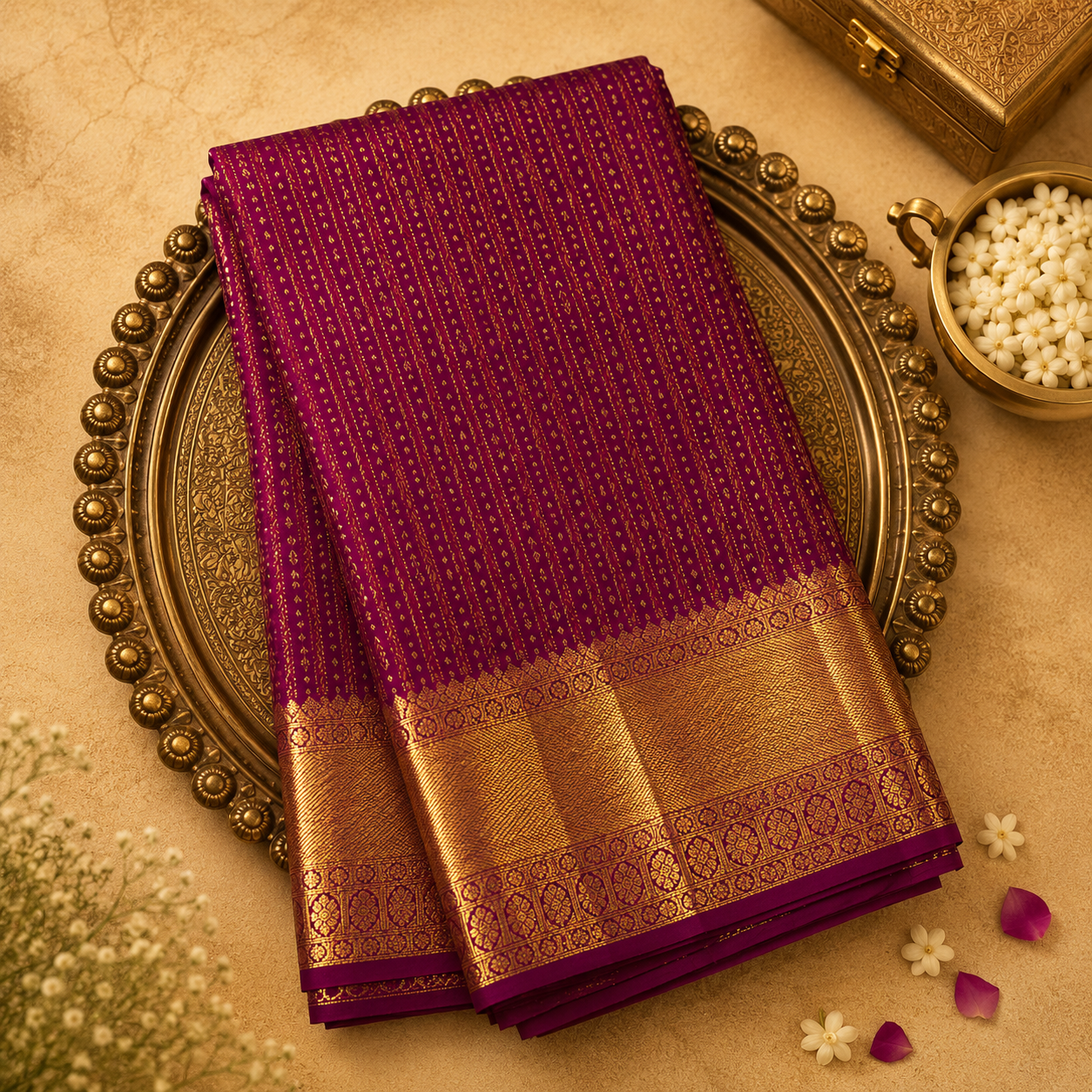 Dark Magenta Kanchivaram Pure Brocade Silk Saree with Gold & Silver Zari Buttas