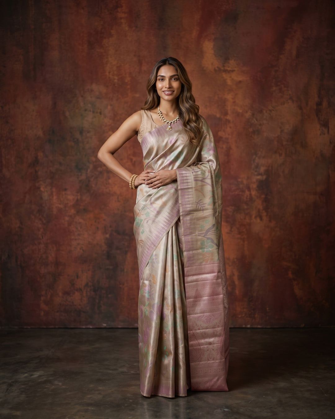 Golden Pure Kanjeevaram Tissue Saree with Floral Weave & Pink Border - detail