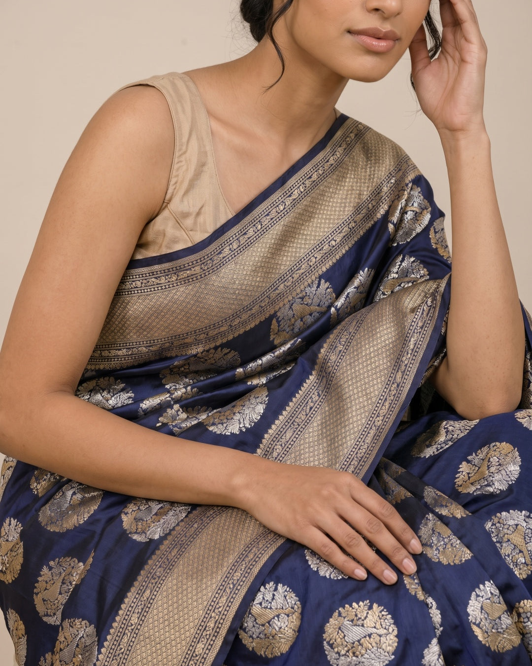 Dark Navy Blue Pure Banarasi Silk Saree with Zari Motifs & Gold Border - detail