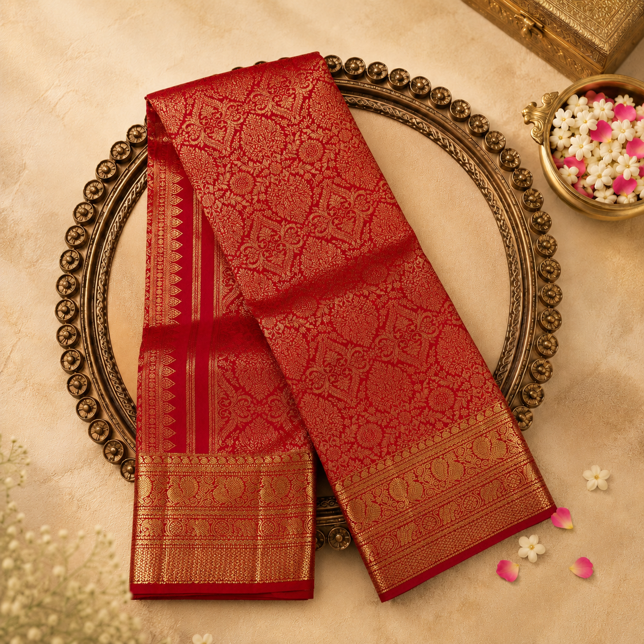 Deep Red Kanchivaram Pure Brocade Silk Saree with Jaal Weave