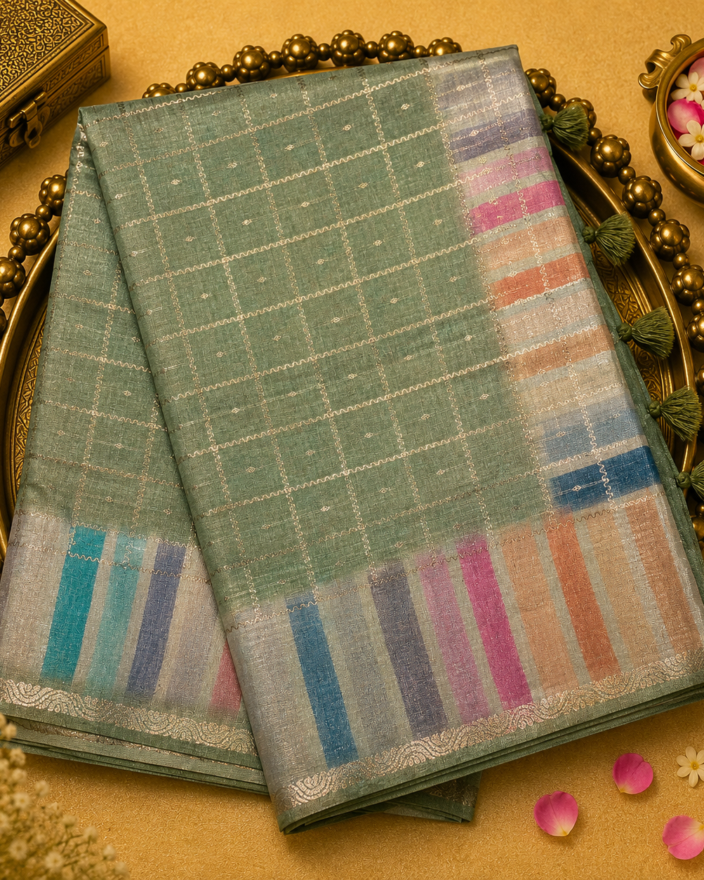 Pastel Green Semi Silk Saree with Gold Zari Checks & Multicolour Border
