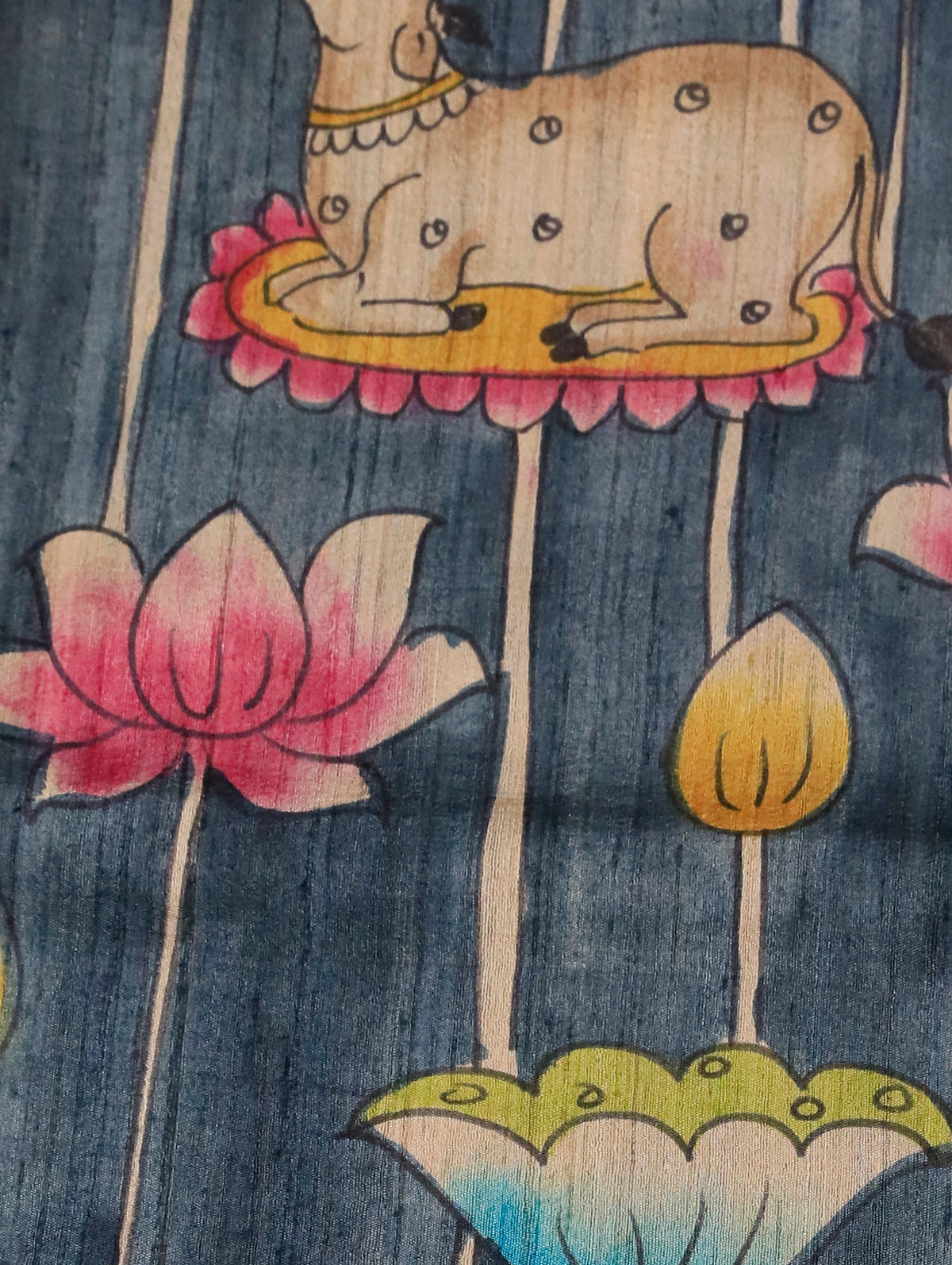 Grey Pure Tussar Silk Saree with Floral Print & Blue Border