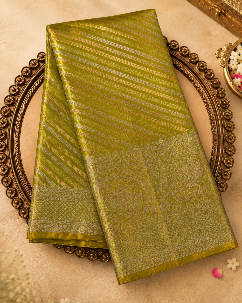 Light Parrot Green Kanchivaram Pure Tissue Silk Saree with Gold & Silver Zari Work
