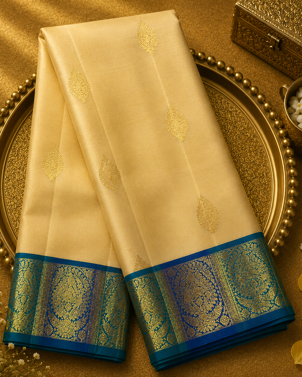 Yellow Beige Kanjeevaram Silk Saree with Gold Motifs