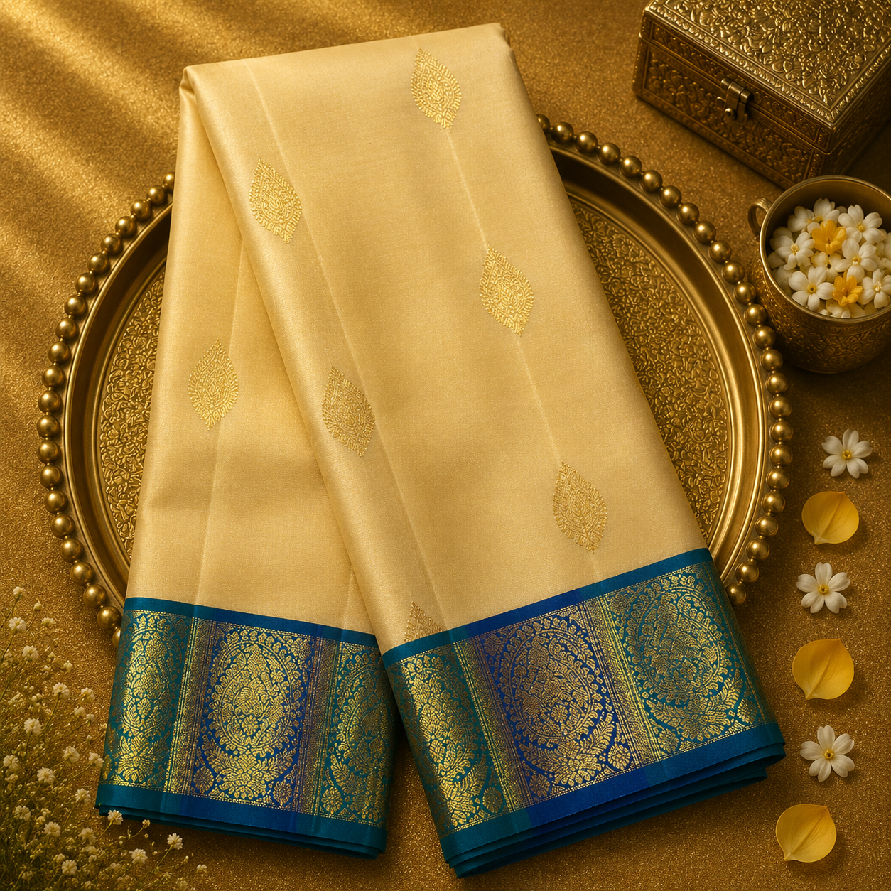 Yellow Beige Kanjeevaram Silk Saree with Gold Motifs