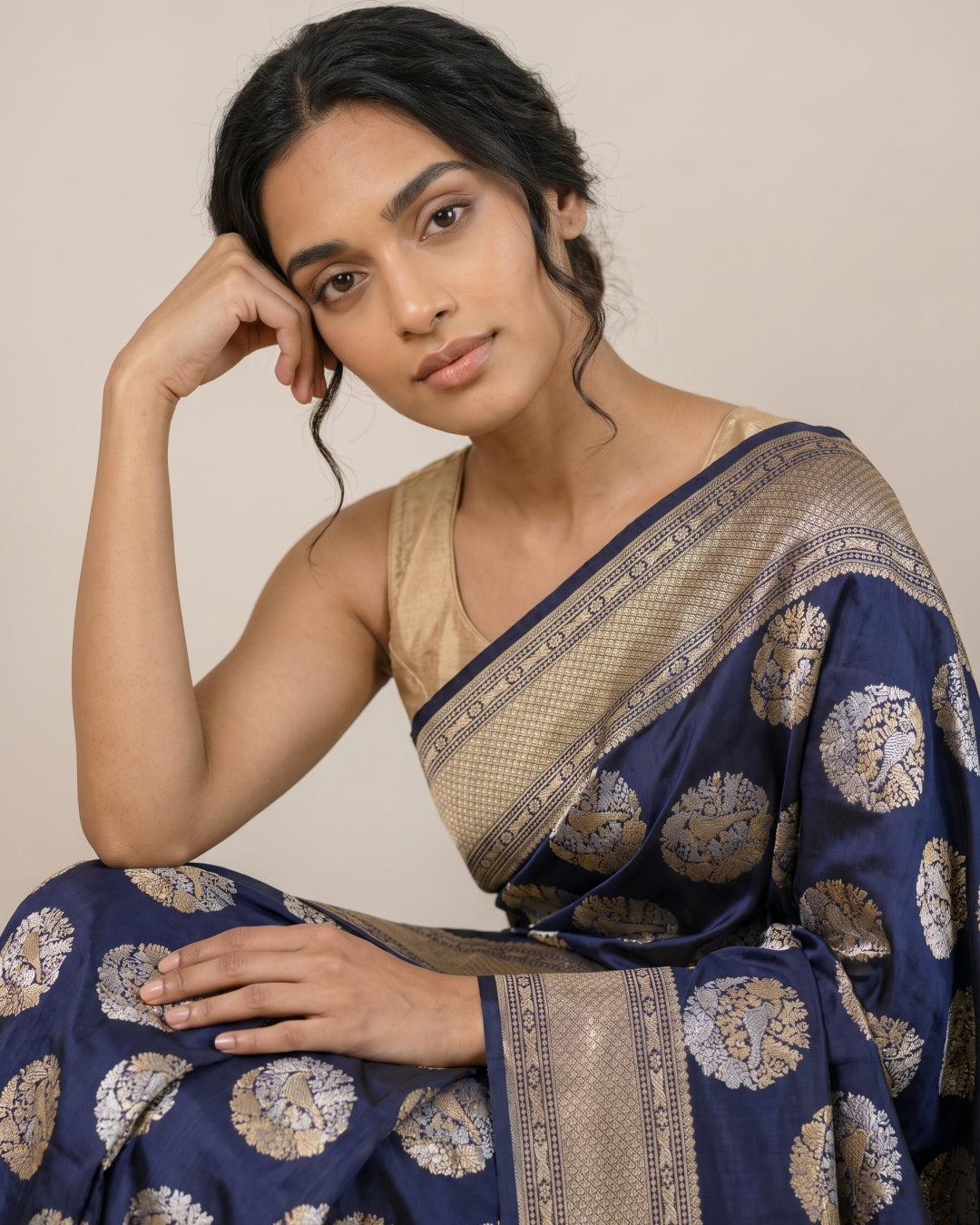 Dark Navy Blue Pure Banarasi Silk Saree with Zari Motifs & Gold Border - detail