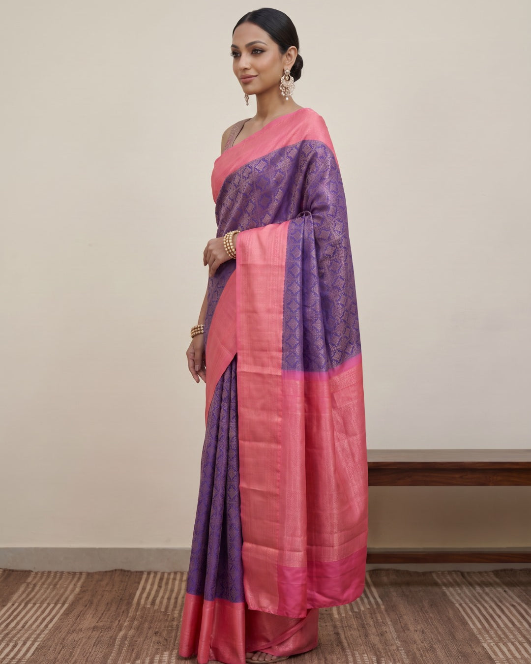 Bright Purple Pure Kanjeevaram Silk Saree with Brocade & Peach Zari Border