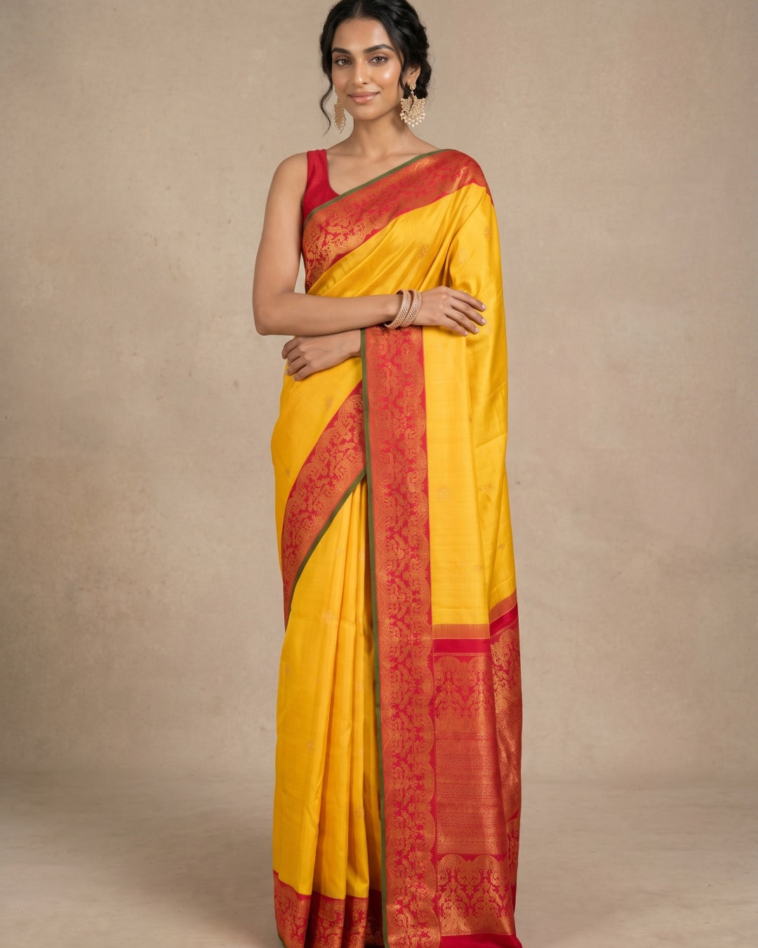 Yellow Pure Kanjeevaram Silk Saree with Gold Zari Motifs & Red Border - detail