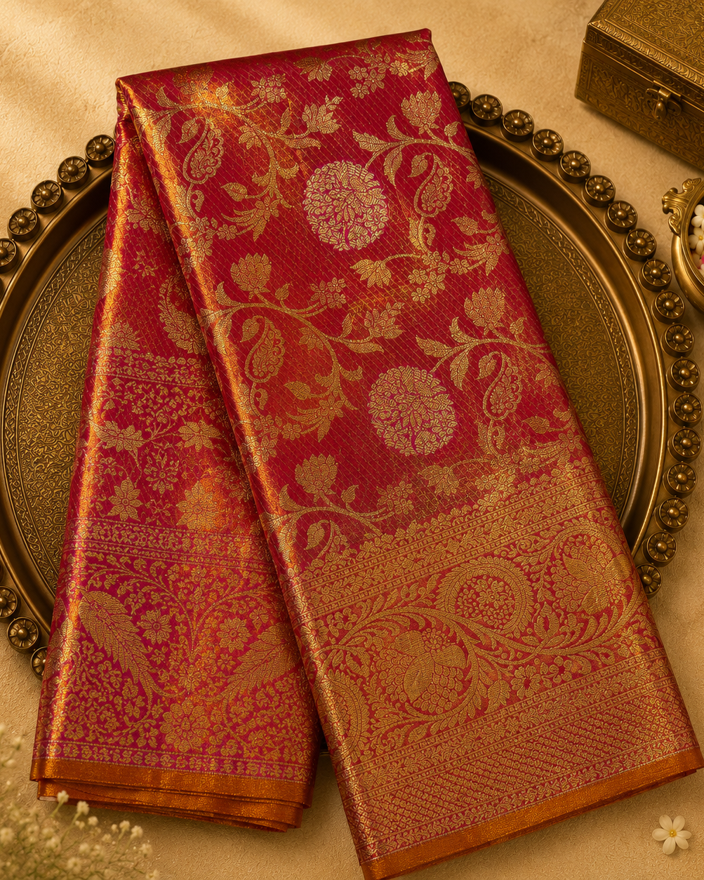 Peachish Pink Kanchivaram Tissue Silk Saree with Floral Weave