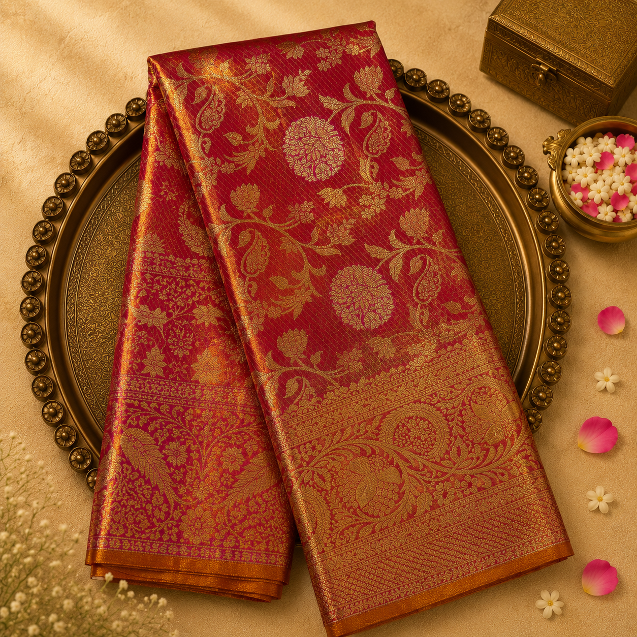 Peachish Pink Kanchivaram Tissue Silk Saree with Floral Weave