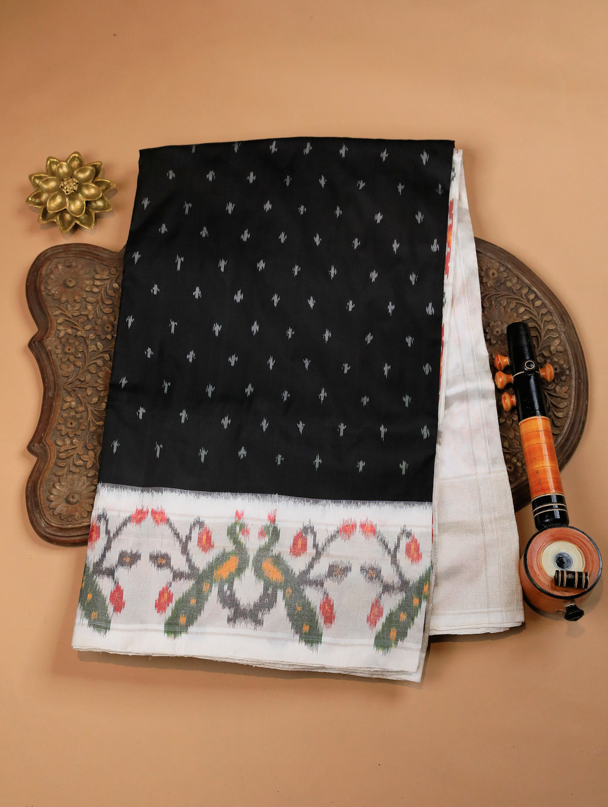 Black Pure Ikat Silk Saree with White Buttas & Broad Ikat Border