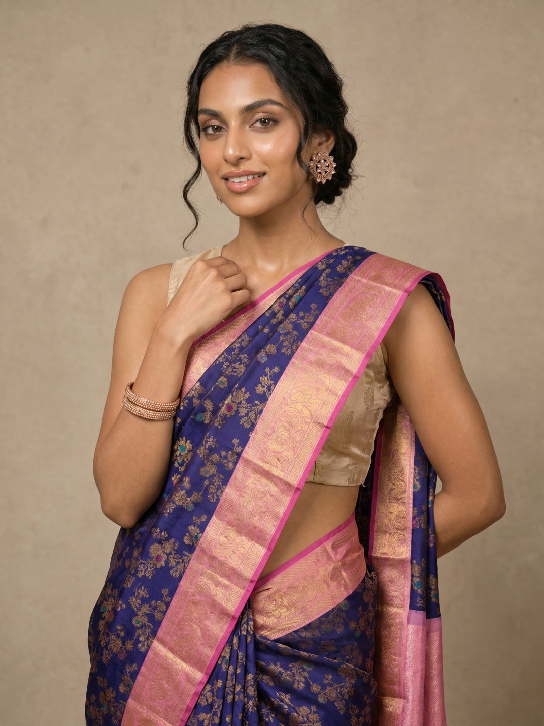 Dark Blue Pure Kanjeevaram Silk Saree with Gold Brocade & Light Pink Border - detail