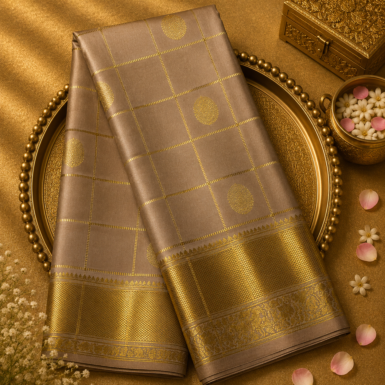 Beige Kanjeevaram Silk Saree with Zari Checks-Motifs, Gold Border & Blouse
