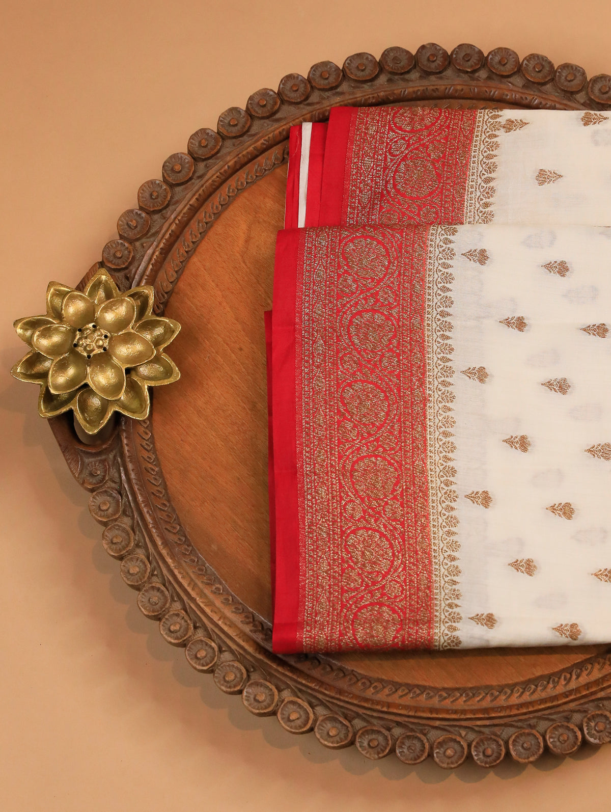 Off-White Pure Banarasi Matka Silk Saree with Zari Buttas & Red Floral Border