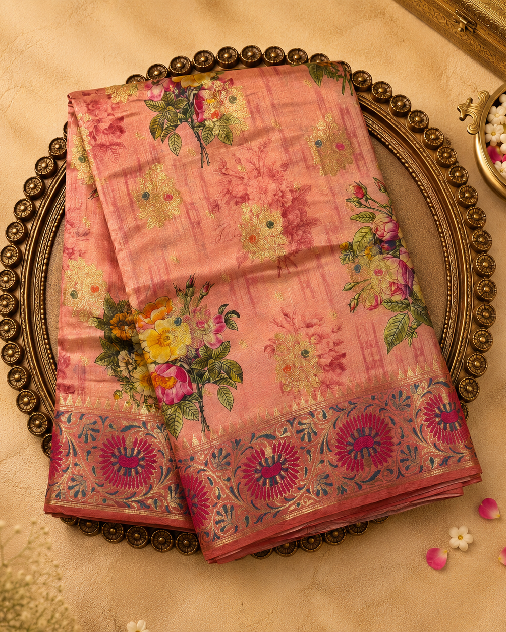 Blush Peach Semi Crepe Silk Saree with Floral Print & Floral Weave